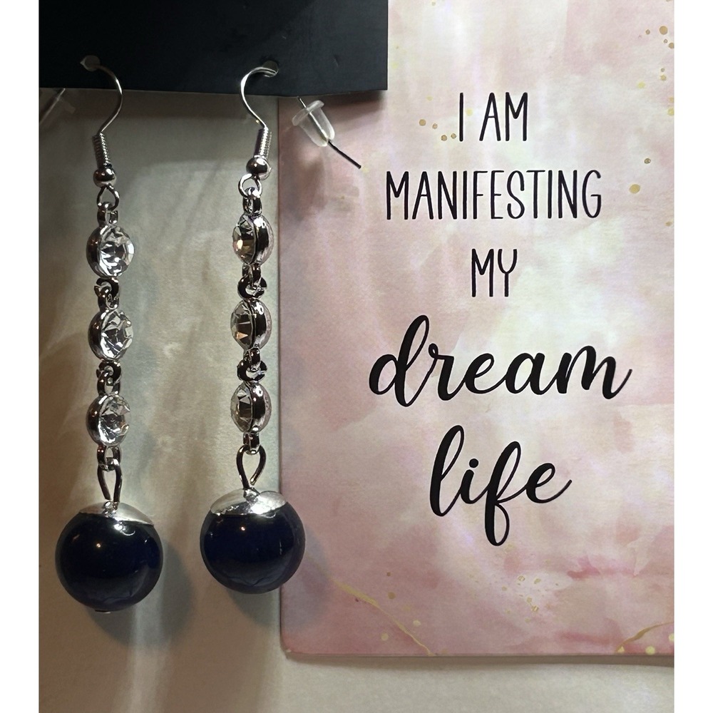 NEW - Dangling Earrings - CUTE - 3 Inch Bling Glittery With Blue Round Gem